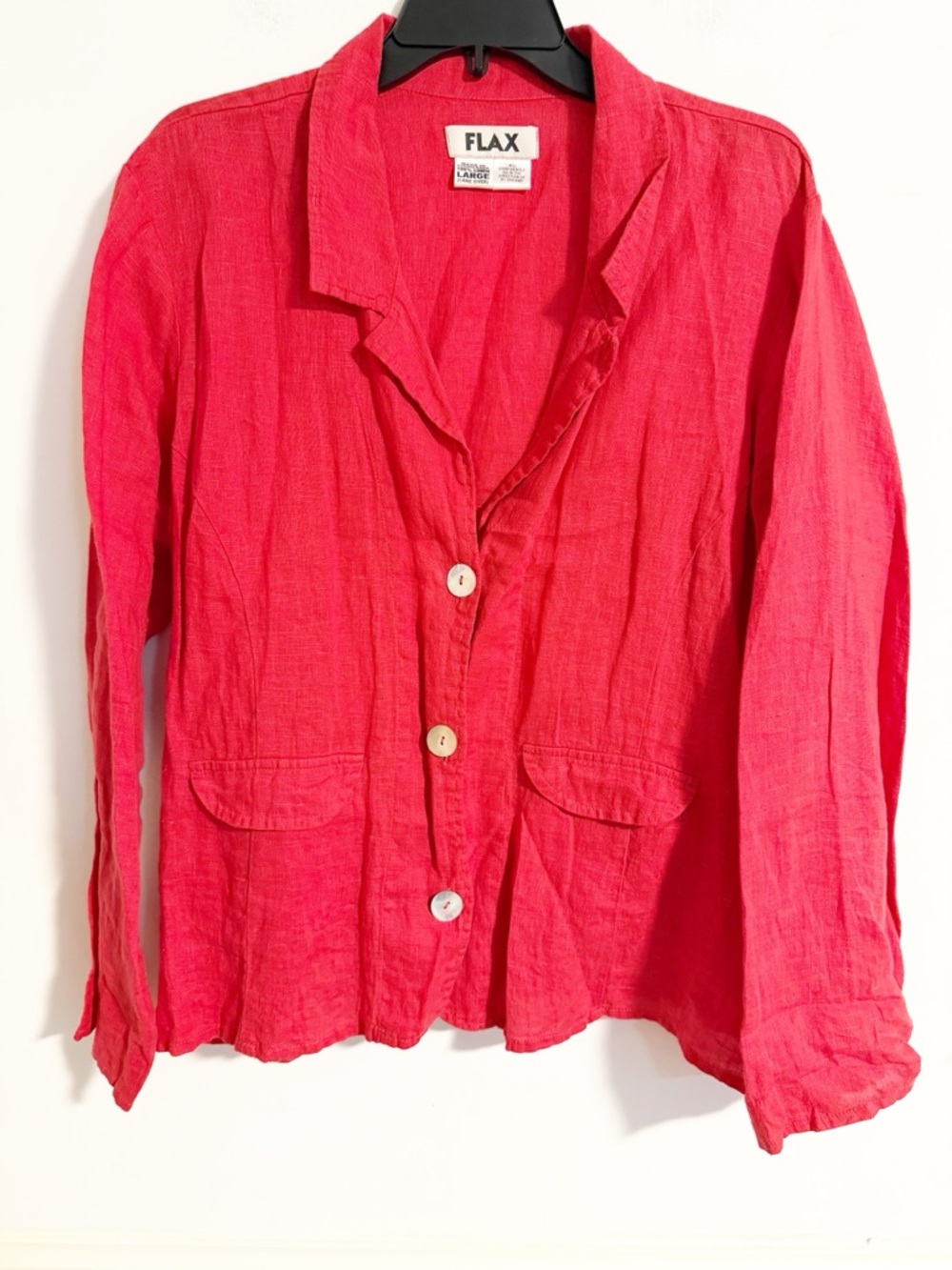 FLAX Coral Red 100% Linen Button Front Long Sleeve Shirt Jacket Pockets L